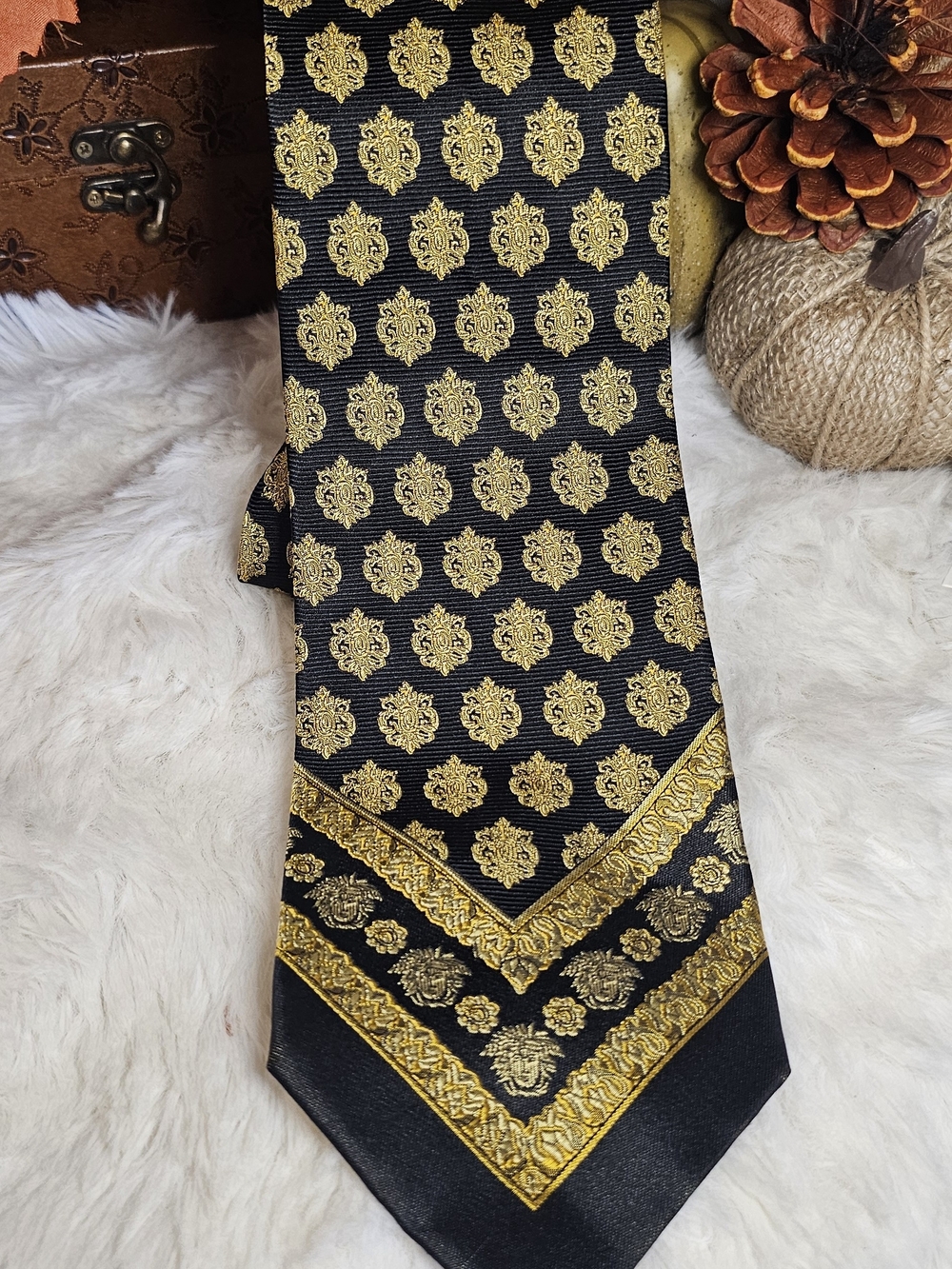 Versace Black and Gold Medallion Pattern Silk Tie